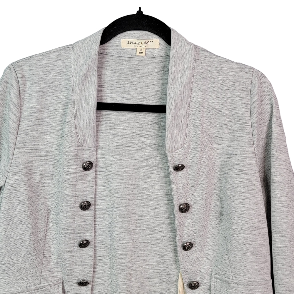 Living Doll Los Angeles Vedor Heather Gray Open Ruffled Cardigan Top Size S NWT - Picture 3 of 13